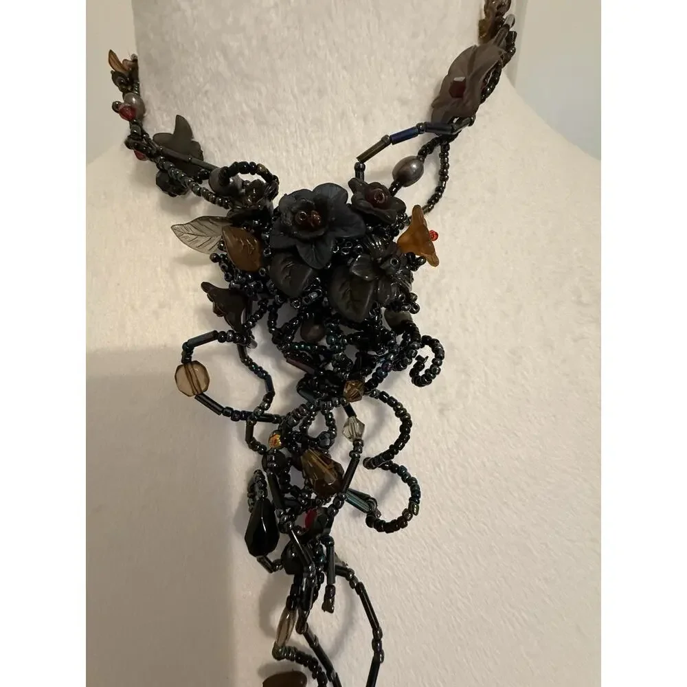 Vintage Artisan Wearable Art Beaded Floral Necklace Gunmetal Boho Gothic - Picture 4 of 8